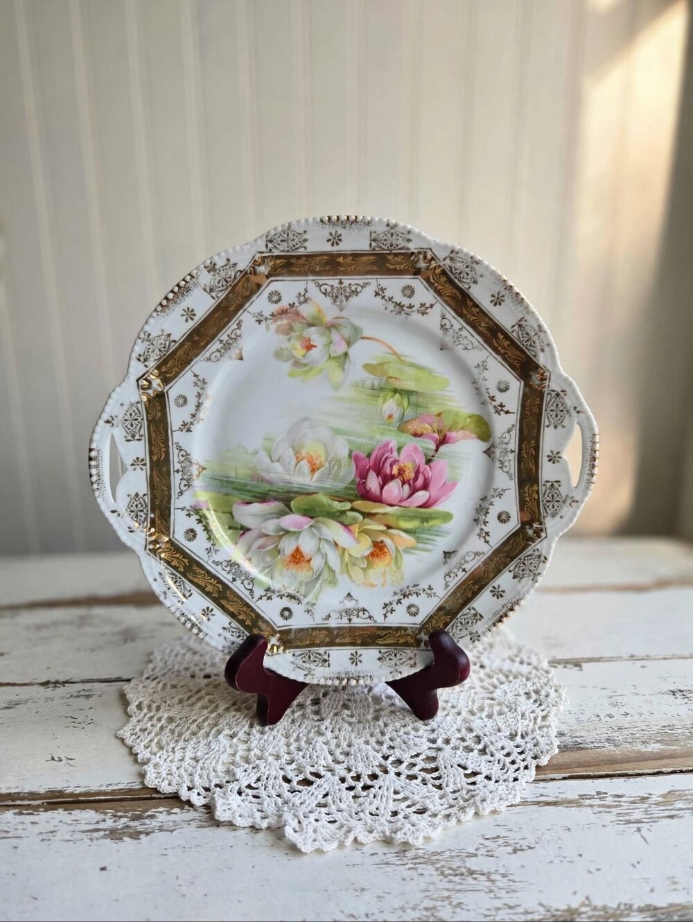 Antique Oscar Schaller Bavaria Water Lily Cabinet Plate Gold Gilt 1910s